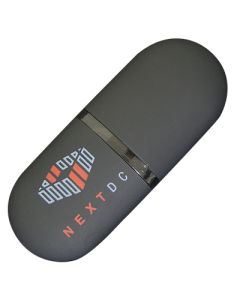 A custom logo plastic USB thumb drive shaped like a pill. The body is black with a red and grey logo.