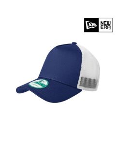 A royal blue and white trucker style snapback cap with a solid blue front panel and brim with a sticker on and white mesh panels for the rest of the hat