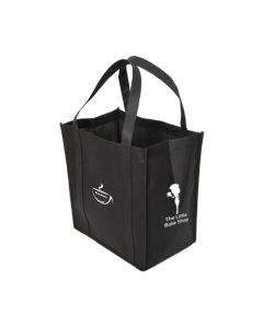 A custom logo non woven tote that is black with white print.