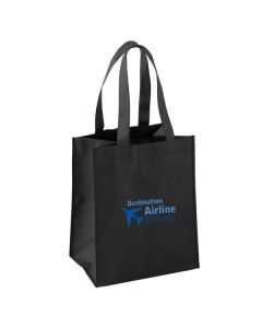 A black mid-size non woven tote custom printed with a blue logo.
