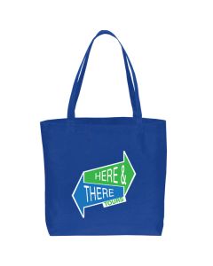 A custom logo non woven tote bag that is royal blue. The front has white, green and blue print.