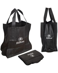 Two black customized folding totes. One bag is folded, one is open and both have a single print logo.