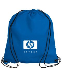 A royal blue non woven drawstring backpack with a white logo