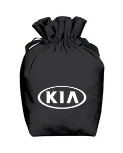 A black non woven drawstring pouch with a white logo
