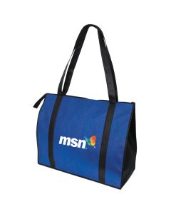 A custom logo oversized convention tote. The bag is royal blue and black with a full colour print on the front side.