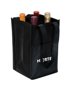 An angled view of a black non woven wine bag with four bottles inside and a white logo