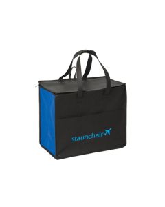 royal blue and black two handled cooler with blue logo 