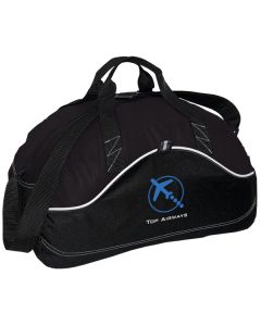 black 18 inch sports bag with blue and white logo