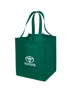 A custom printed jumbo non woven tote. The bag is forest green with a white logo