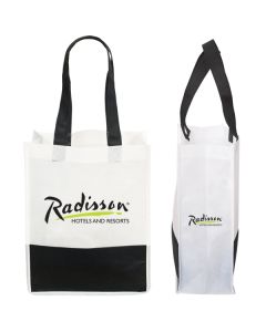 Two custom logo non woven mini stripe totes. The bag are white with a black stripe, and a black and yellow print.