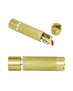 Two gold coloured stashlights one at the front that's horizontal and closed and one behind at an angle, unscrewed with the cap beside it and inside the body there are matches and money