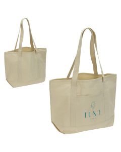 A custom logo recycled cotton tote that has a green brand message printed on the front.