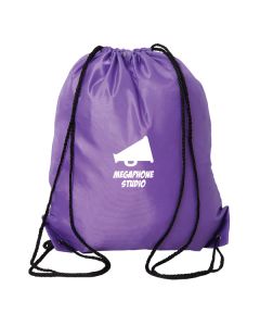 purple drawstring bag with black drawstrings and white logo