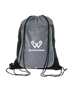 grey with black accents drawstring bag with white logo