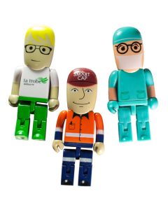 Three custom logo USB figure shaped drives. A doctor, a student and a construction worker with business print on.
