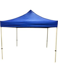 Blue, plain economy event tent with metal frame and a water-resistant polyester canopy.
