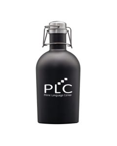 64oz black growler with silver accents and a white logo