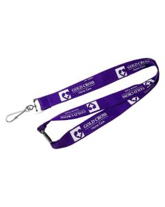 A purple custom printed polyester lanyard with white screen printing. It has a single safety break and a metal dog clip.