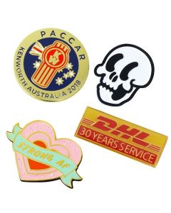 four different shaped hard enamel lapel pins with different colour fills in each