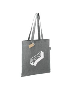 A custom branded recycled cotton and polyester tote with a white printed logo.