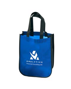 A custom logo recycled fashion tote. The bag is black and blue with white print on the front.