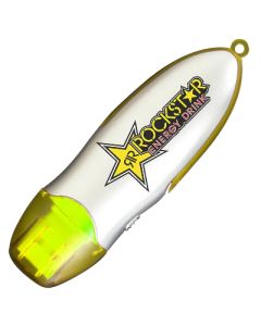 A large customized USB stick with a full colour logo. The body is silver with a yellow transparent edge.