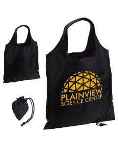 Black custom branded foldable, reusable bags made from RPET material. The logo on the open tote is yellow.