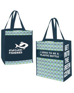 Two custom logo recycled jumbo totes with pre-printed patterns. Each bag has a white printed slogan.