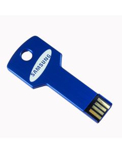 A custom logo USB key shaped drive with a blue body and a silver business brand logo.