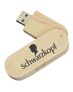 wooden USB swivel drive with black print