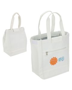 An RPET canvas lunch tote. The custom recycled lunch bag has an orange and blue logo. Behind it is the same bag, reversed.