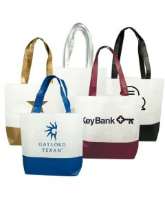Five custom totes made from RPET material. They have different colour accents and the front two have single colour logos.