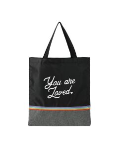 A custom logo recycled PET convention tote with a rainbow stripe. The bag is black and grey with a white logo.