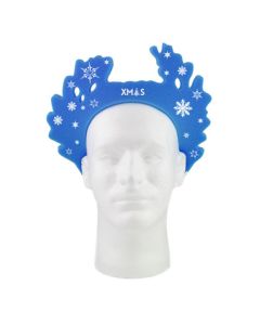 A blue party hat made of foam with snowflakes on it, resting on the head of a mannequin