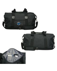 Three images of 22inch duffle bag showing both sides and a close up of the pocket with grey and blue logo