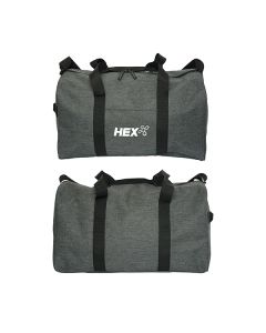 heathered grey 19 inch duffle with white logo showing front and back view