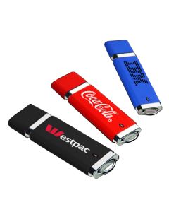Three square-shaped USB drives with different logos printed on the fronts. The plastic body colours are black, red and blue.