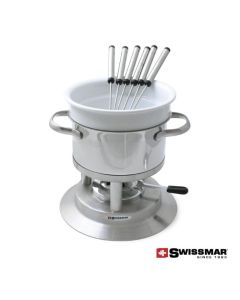 A white ceramic and stainless steel 11pc fondue set with 6 fondue forks resting inside