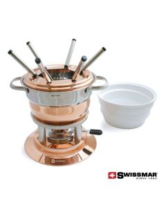 A copper coloured and white ceramic 11pc fondue set with 6 fondue forks resting inside and a white ceramic bowl beside it