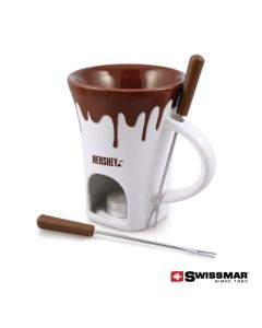 A brown and white 4pc chocolate fondue mug with a brown logo and two fondue forks