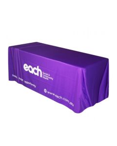 Custom event throw table cloth cover that is purple and white.