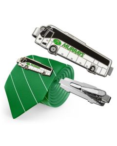 three images of full colour bus shaped tie clips one reversed one facing forward and one attached to a green and white striped tie