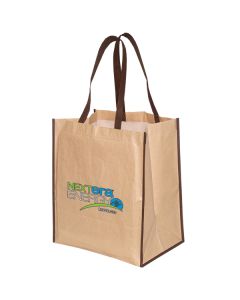 A laminated paper non woven tote bag with brown trim and handles and a full colour logo.