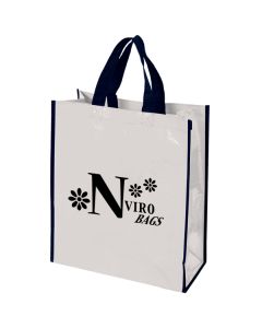 A custom logo recycled tote with a laminated exterior. The bag is white with black trim, handles and print.