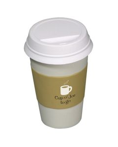 A white and tan coloured coffee cuup to go shaped stress reliever with a white and black logo on the tan sleeve