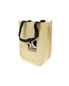 A custom printed Kraft Fashion Tote with black handles. The front logo colour is black.