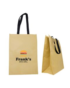 Two kraft paper style custom grocery totes. One is blank and the other has a full colour logo branded on the front.