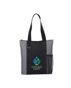 A custom tradeshow zipper tote that is black and grey. The front has a mesh bottle holder and a green, blue and grey logo.