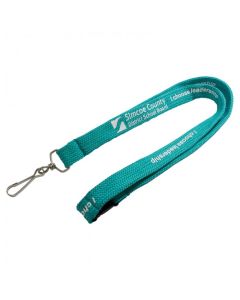 A teal custom tube polyester lanyard with white print. It has one safety break and a dog clip.
