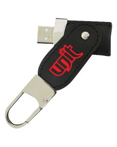 A promotional leather USB with a black leather body, silver clip and a red custom print logo.